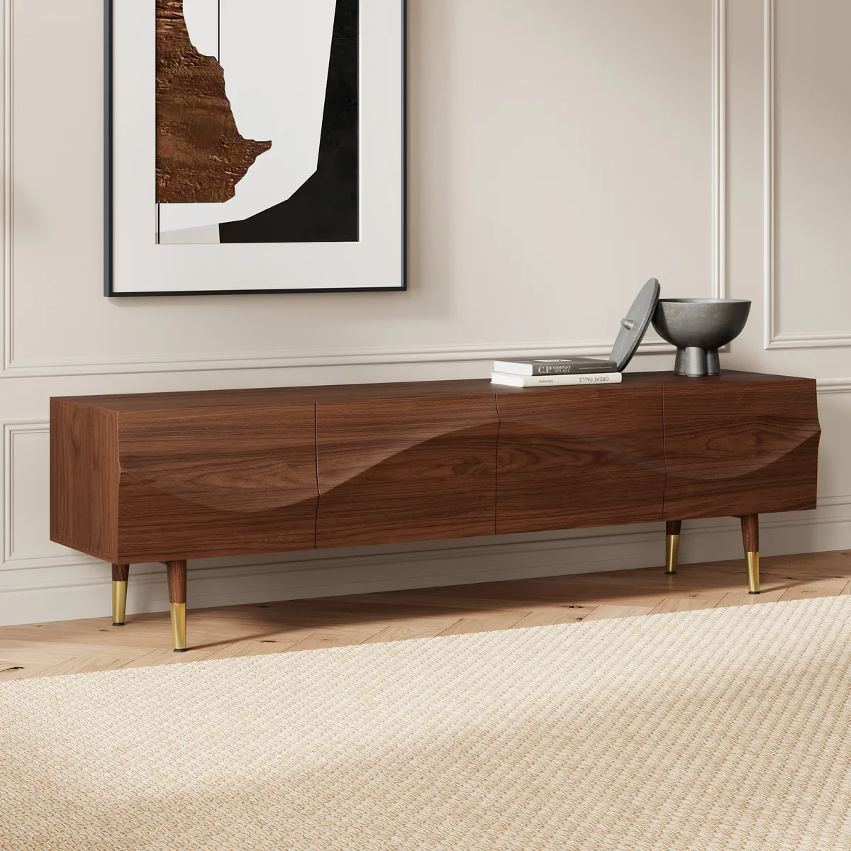 Lake Mid Century TV Stand with Wavy Design Walnut Storage 4 Drawers for TVs Up