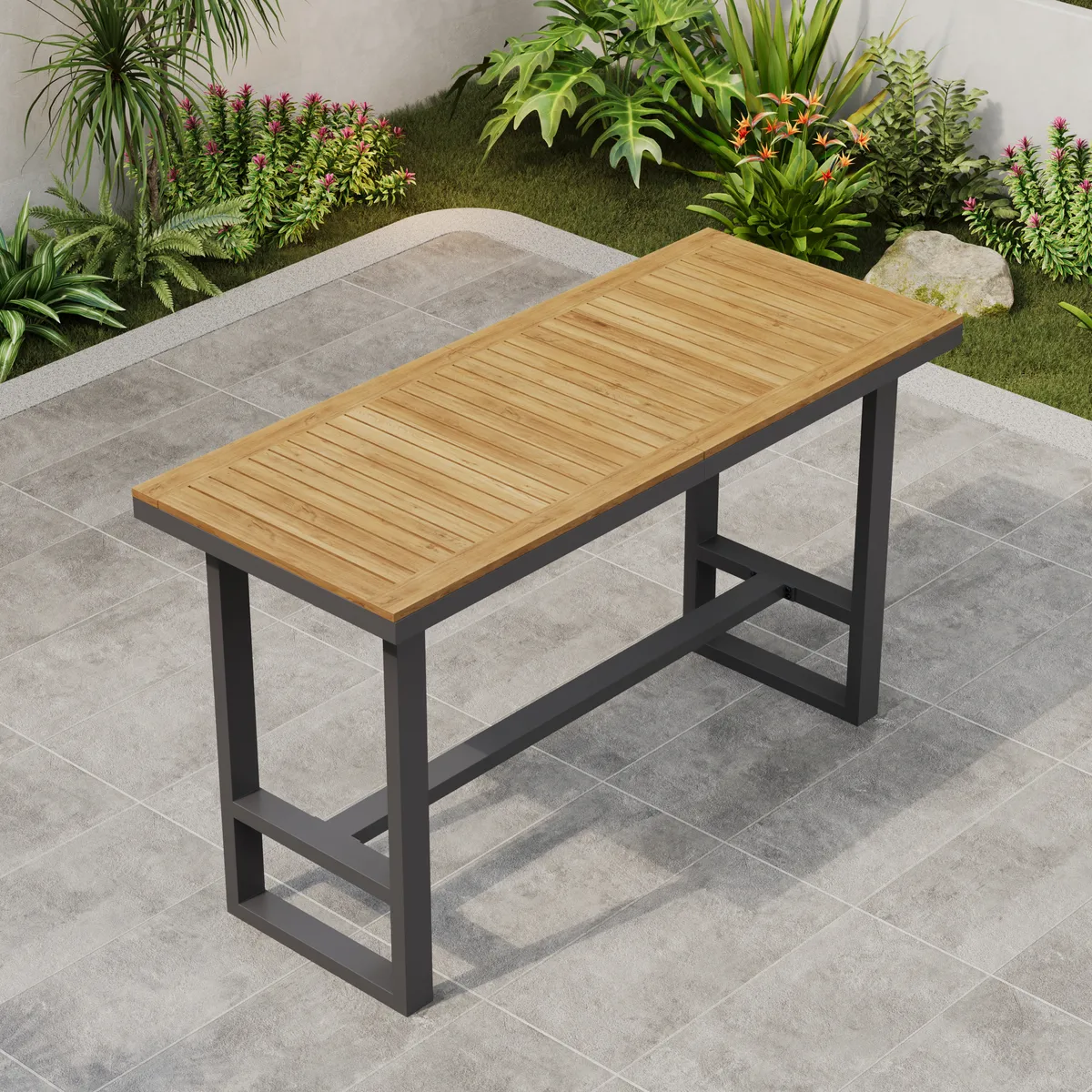 Tevara Outdoor Teak Wood Slat Top & Sand Aluminum Frame Bar Table for Patio — image 21