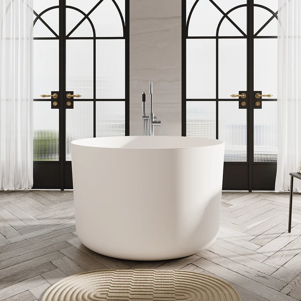41" Freestanding Japanese Soaking Bathtub Matte White Round Stone Resin Tub — image 2