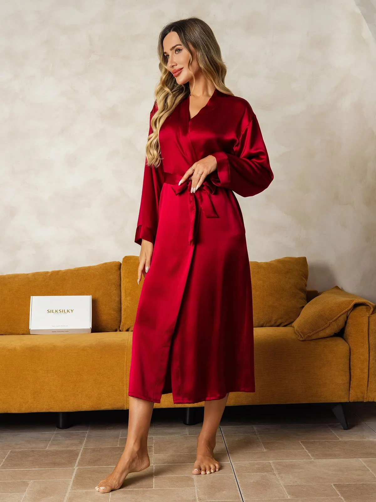 100% Mulberry Silk Long Sleeve Midi Women's Robe — image 4