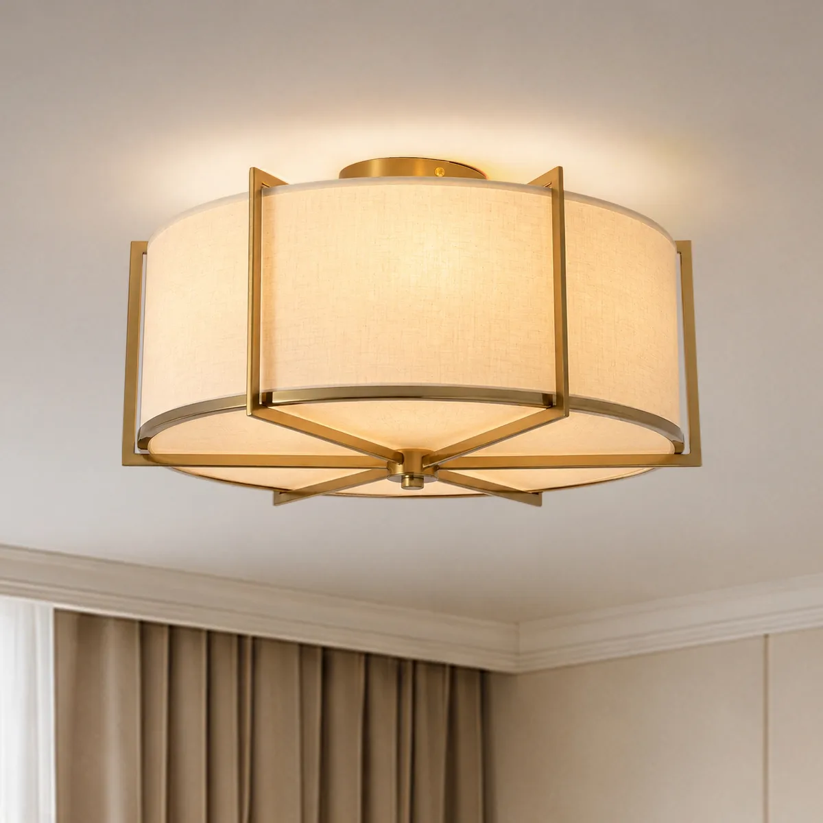 18" Fabric Flush Mount Light in Gold Finish, 3-Light