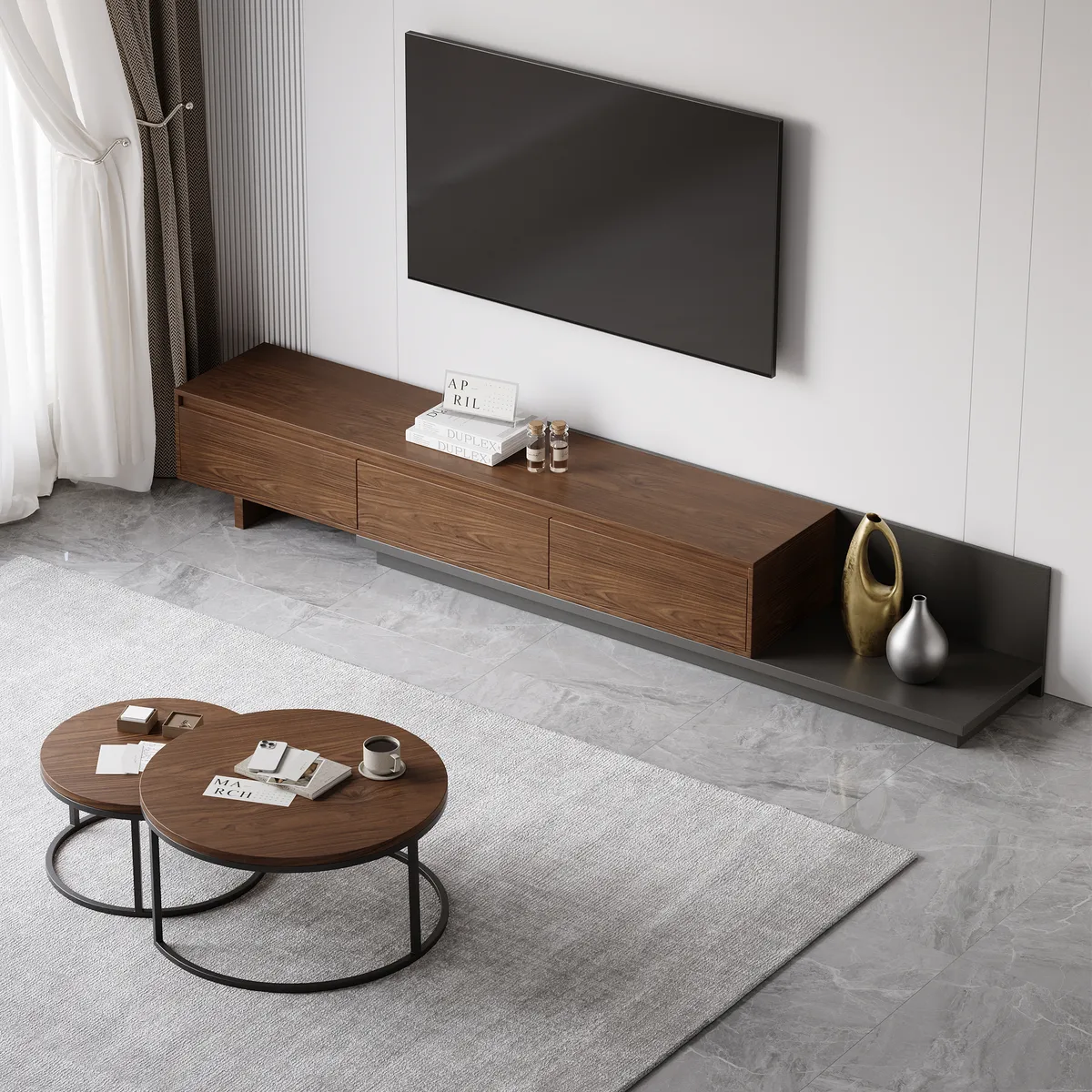 Living Room Cabinet Set Rectangle Gray Extendable TV Stand & Wood Round Nesting Coffee Table — image 22