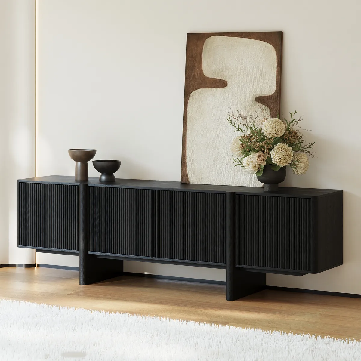 80" Solid Wood Fluted Black TV Stand with Cabinets — image 2