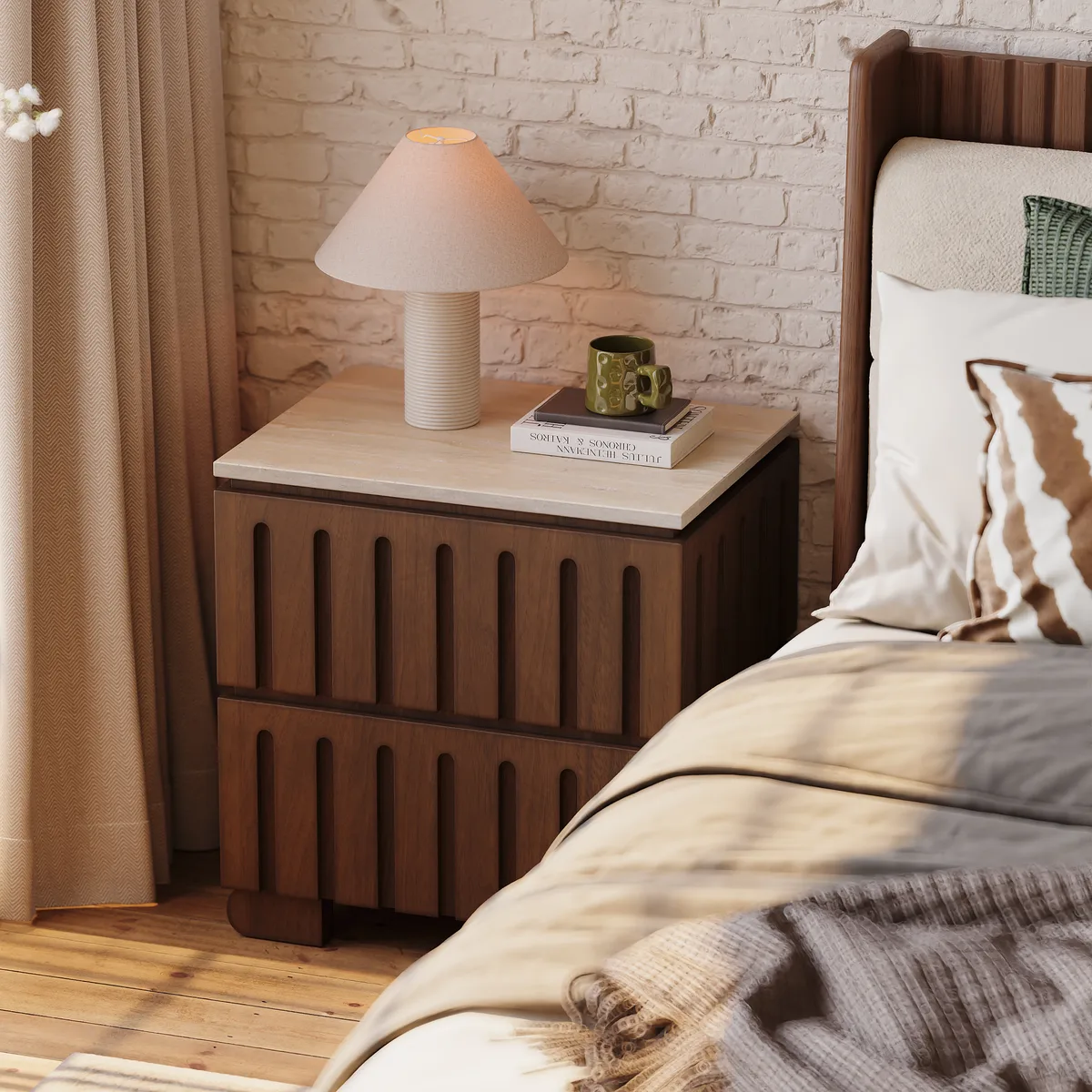 Modern Solid Wood King Upholstered Bed & 2 Drawer Ash Wood Nightstand Set with with Faux Travertine Top — image 5