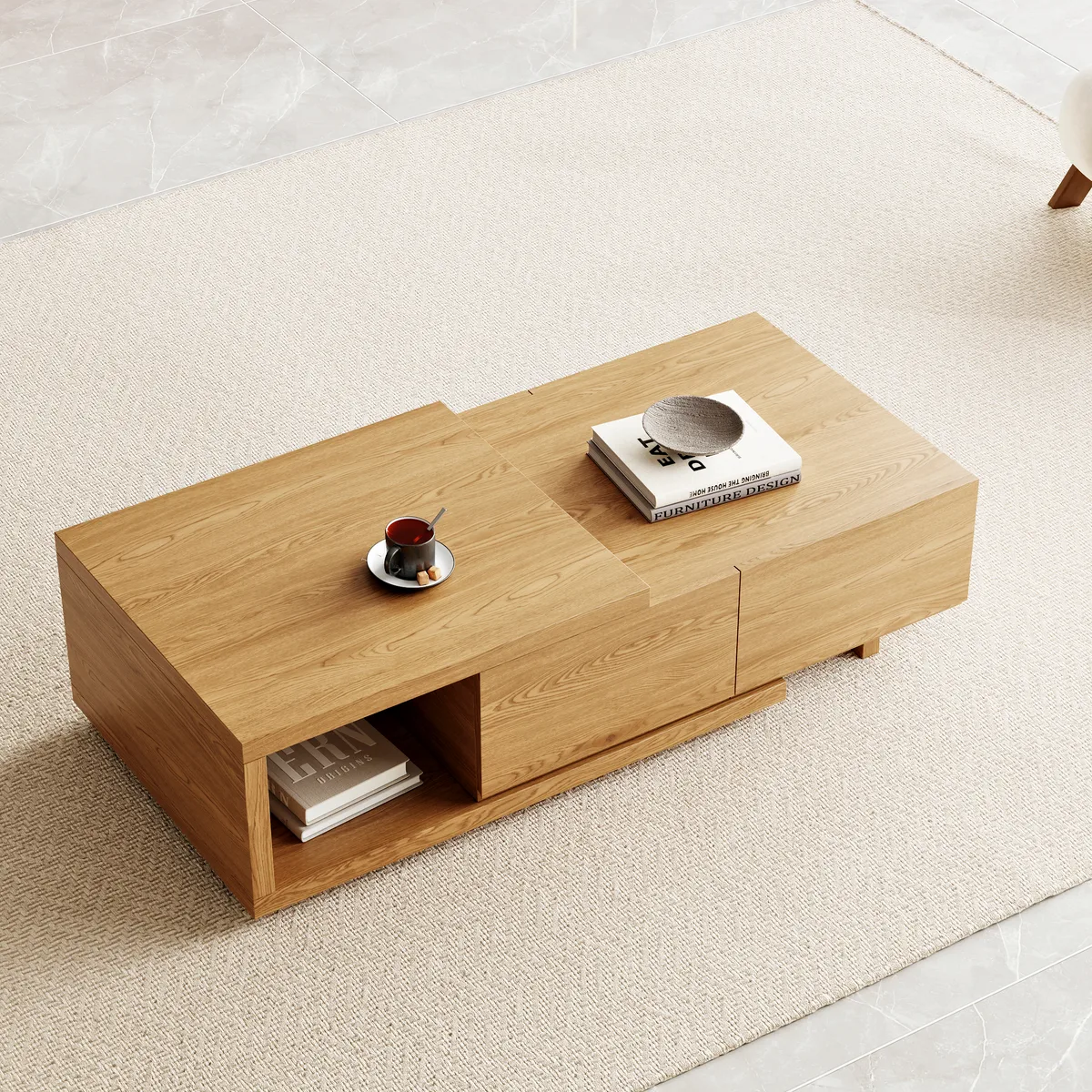 Quoint 68.9" Modern White Coffee Table Retracted & Extendable with 2-Drawer — image 12