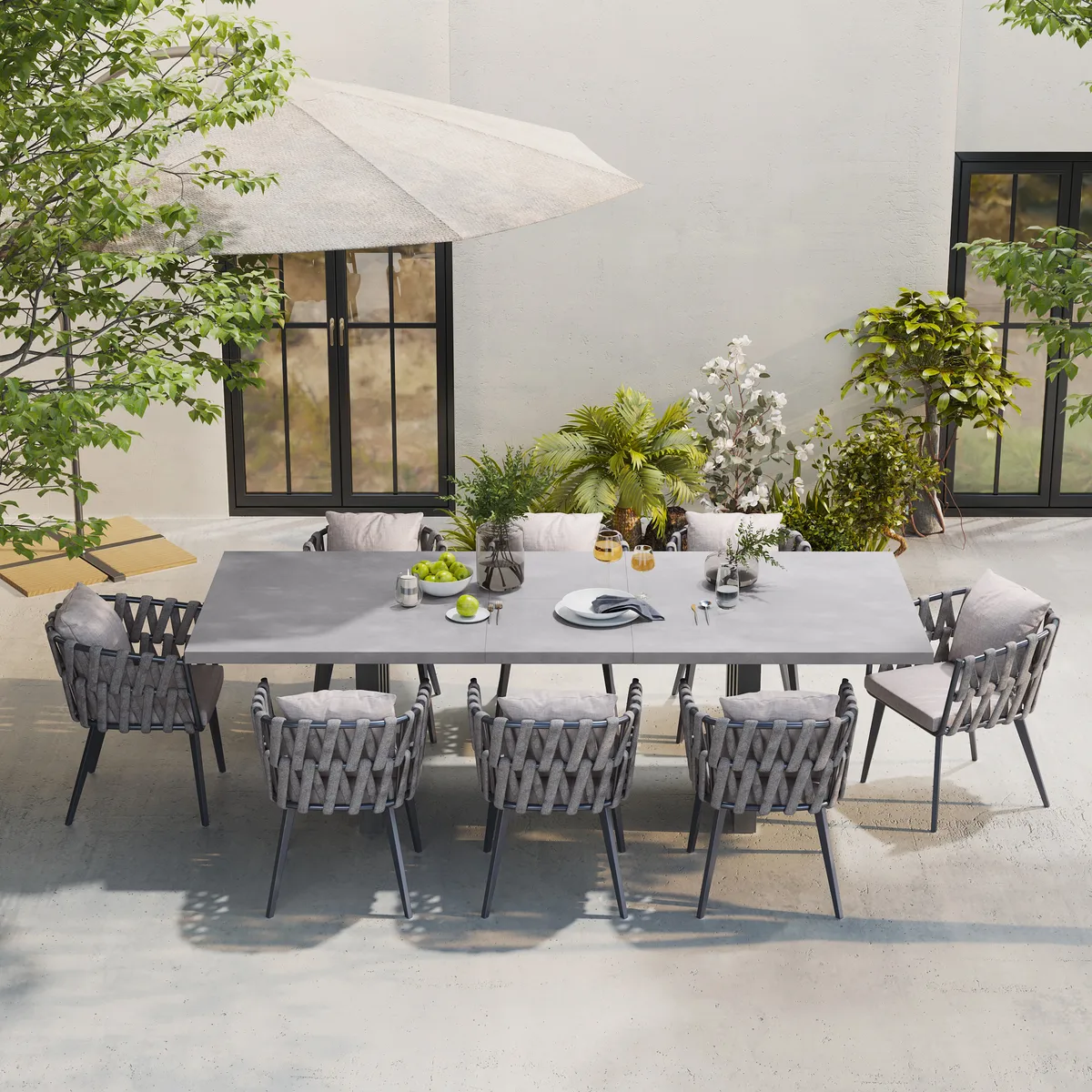 11 Pieces Gray Aluminum Outdoor Patio Dining Set with Extendable Table and Woven Armchai — image 20