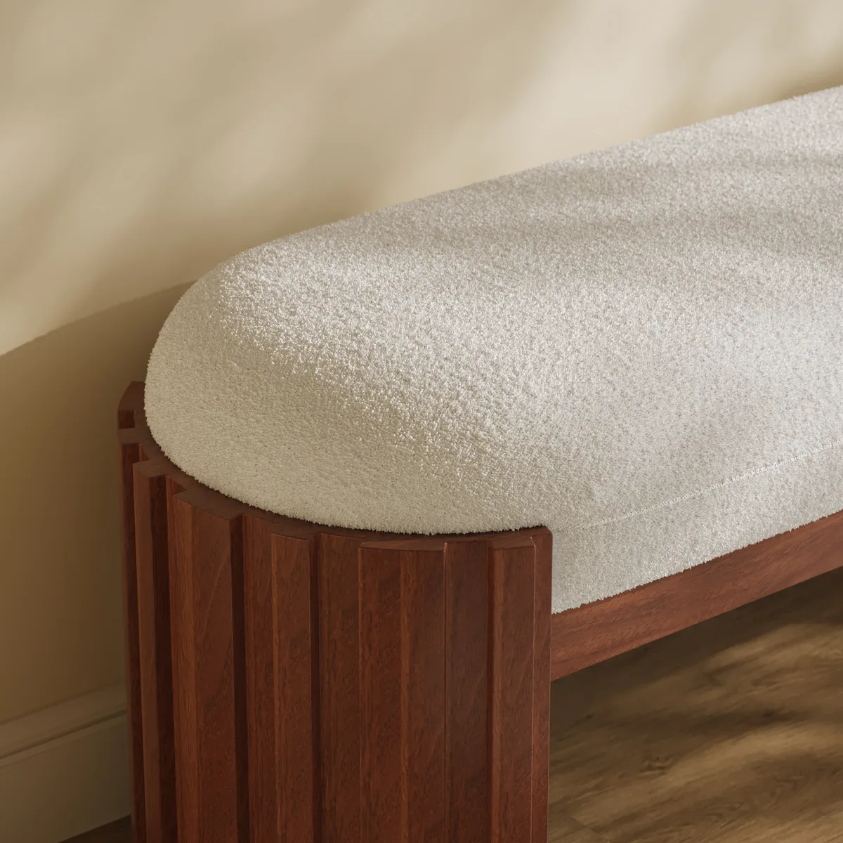 Aura 47” Walnut Wooden Boucle Upholstered Entryway Bench — image 6