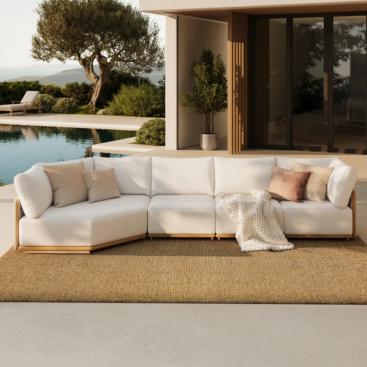 4-Piece Outdoor Teak & Aluminum Sectional Sofa Set with Chaise for 4 in Light — image 2
