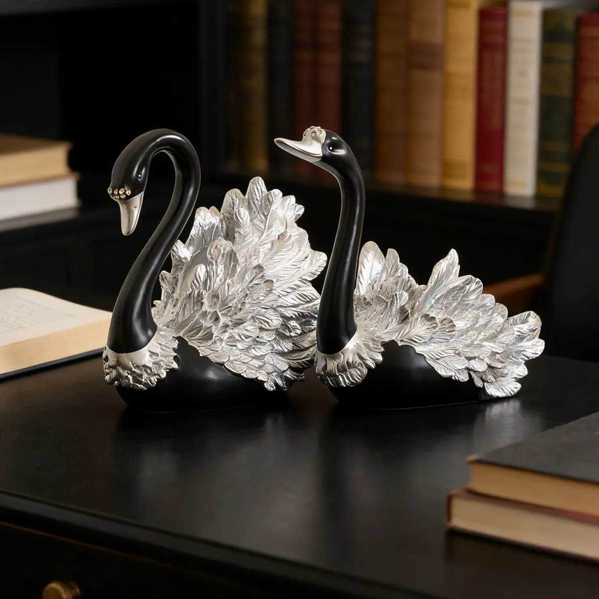 2-Piece Resin Swan Figurines, Black & Gold Decorative Storage Set — image 3