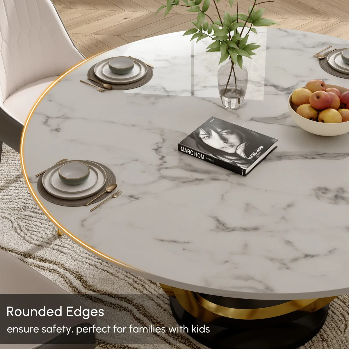 53.1" Round Dining Table Faux Marble Top Gold & Black Pedestal for 6 Person Modern — image 8