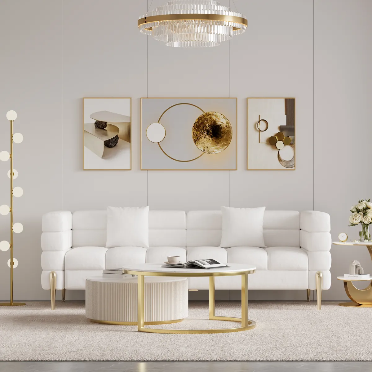 Round 2-Piece Nesting Set Sintered Stone Top Beige Coffee Table with Drawer 78.7" Modern White Boucle Upholstered Fluted 3-Seater Sofa — image 27