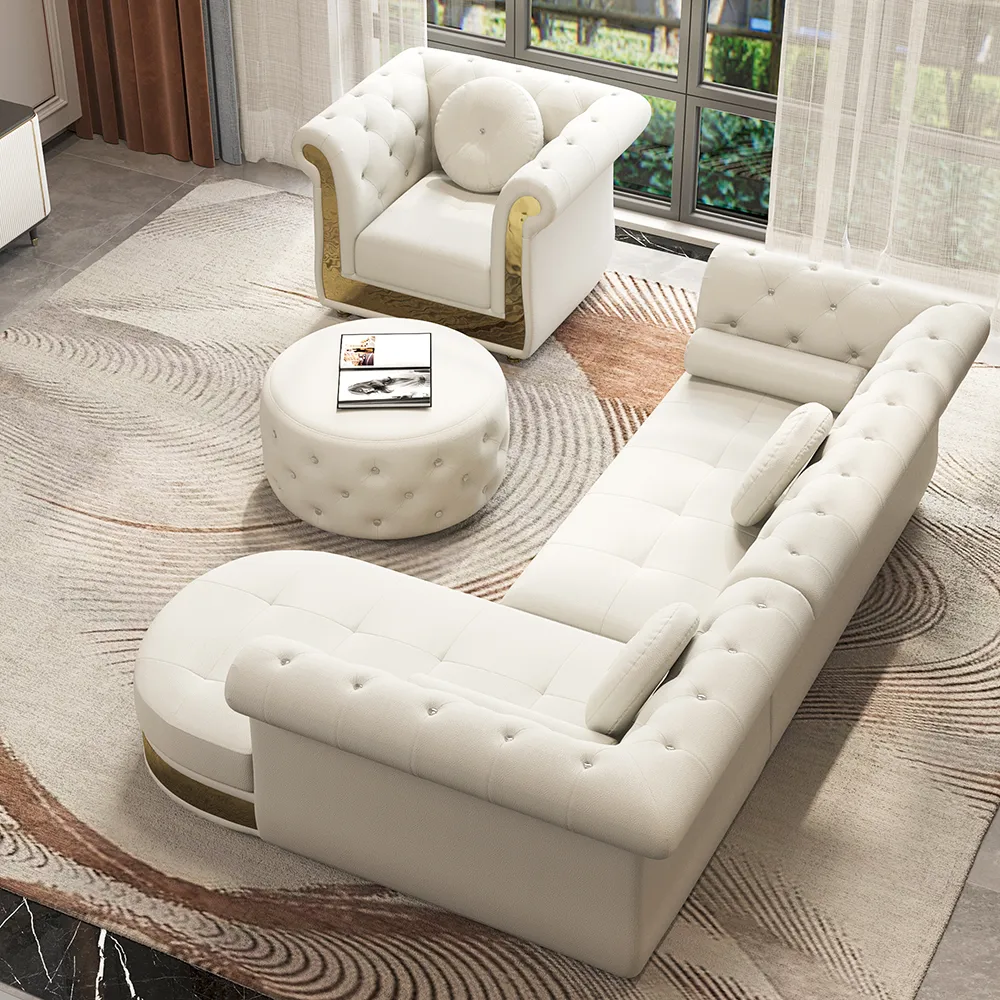 Dodiy Modern L-Shaped White Tufted Corner Sectional Sofa 6-Seater with Ottoman & Pillows — image 4
