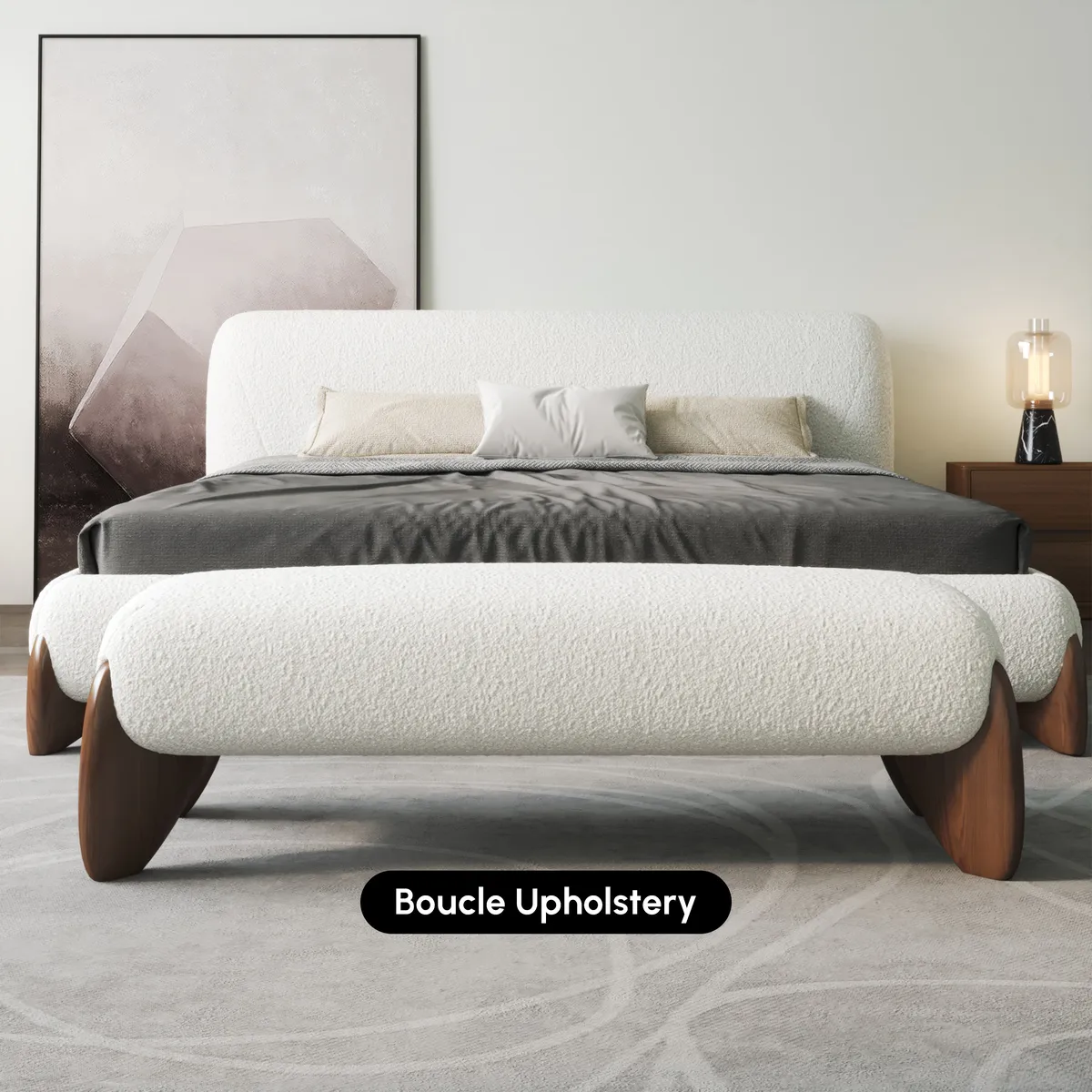 Modern White Boucle Bedroom Bench Upholstered Long Bench with Wood Legs — image 8