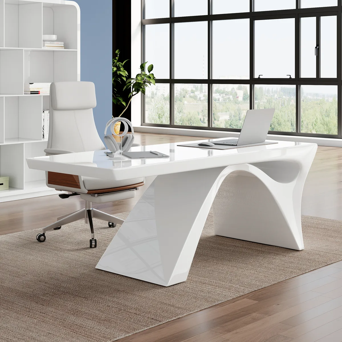 55" Modern White Computer Desk & Leather Office Desk Chair Set High Back Adjustable