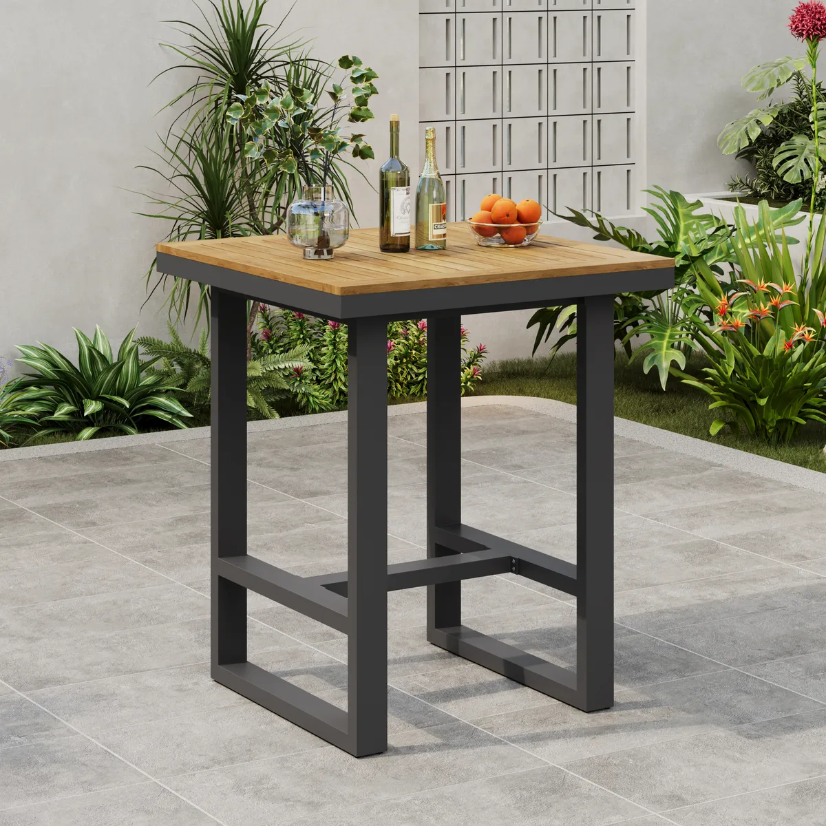 Tevara Outdoor Teak Wood Slat Top & Sand Aluminum Frame Bar Table for Patio — image 6