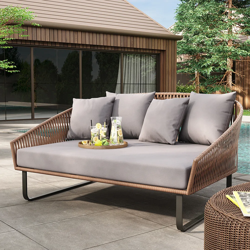 Rattan Outdoor Daybed with Gray Cushion Pillow & Aluminum Frame (63" Width) — image 2