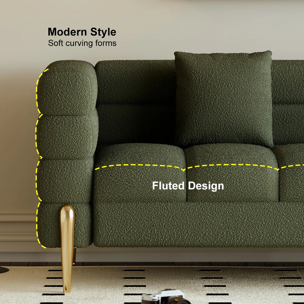 Living Room Couch Set of 2 White Boucle Upholstered Fluted 3-Seater Sofa with Pillows — image 8