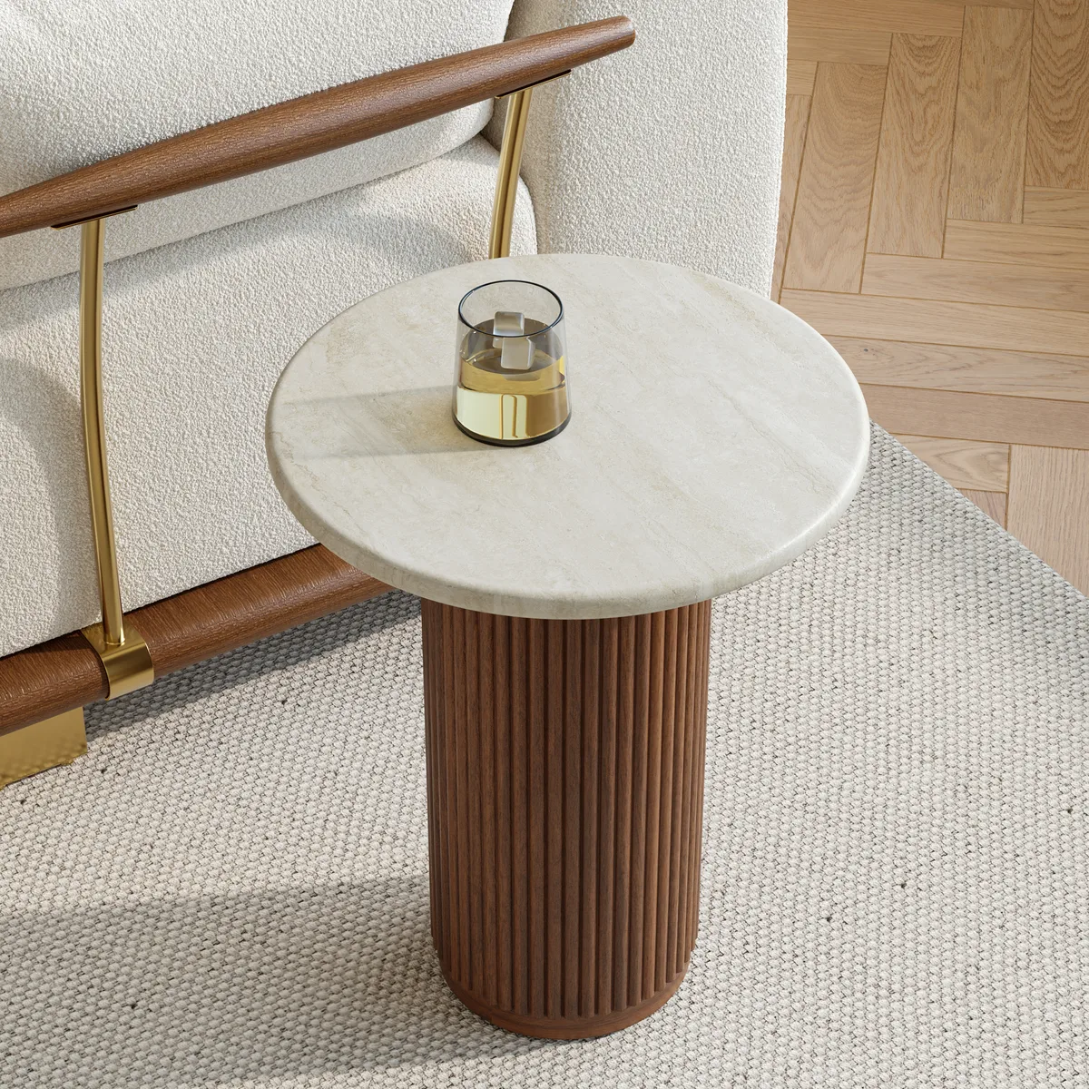Faux Marble Round End Table Modern Side Table with Wood Base — image 3
