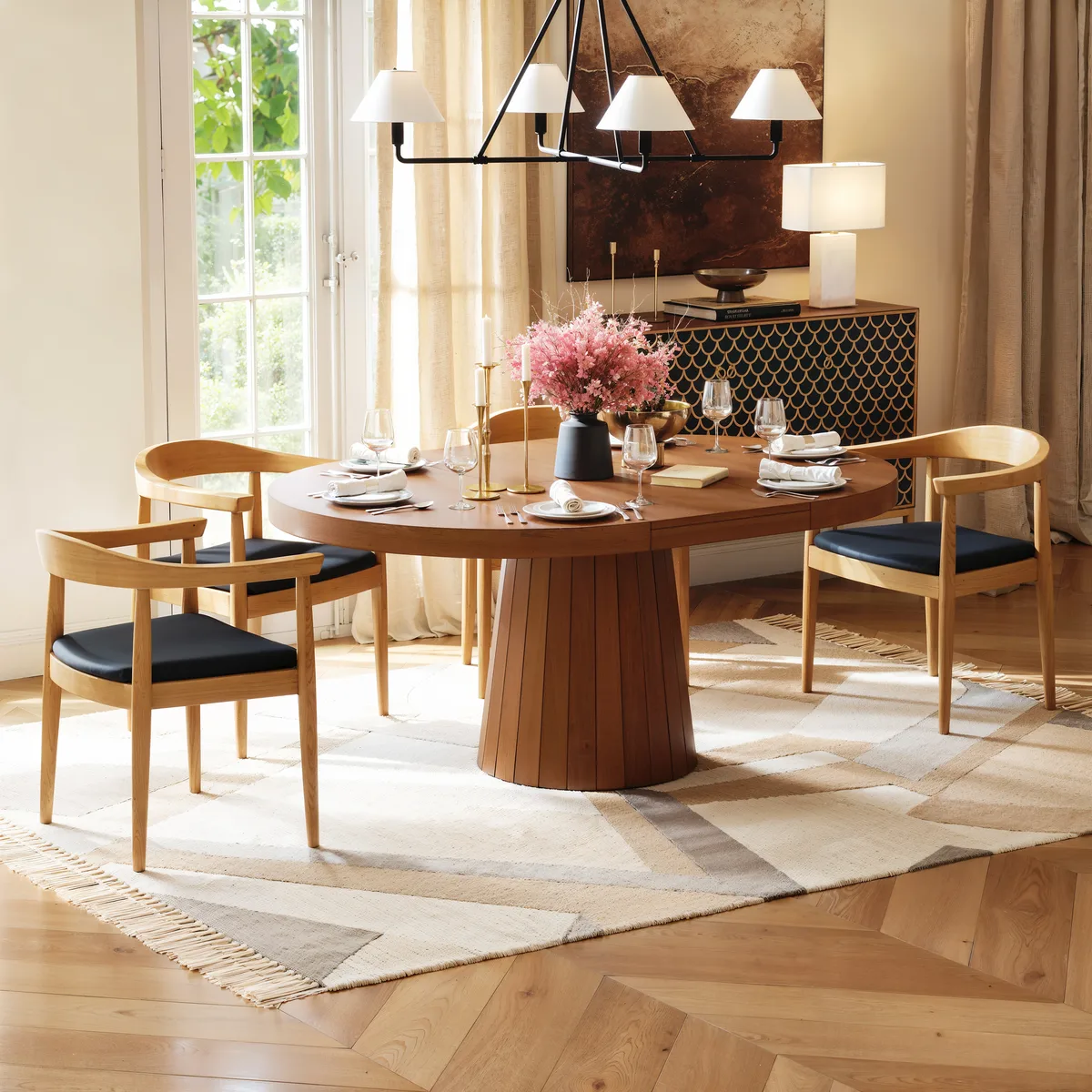 Japandi 39"-55" Extendable Dining Table for 6 White Oval&Round Table Pedestal — image 24