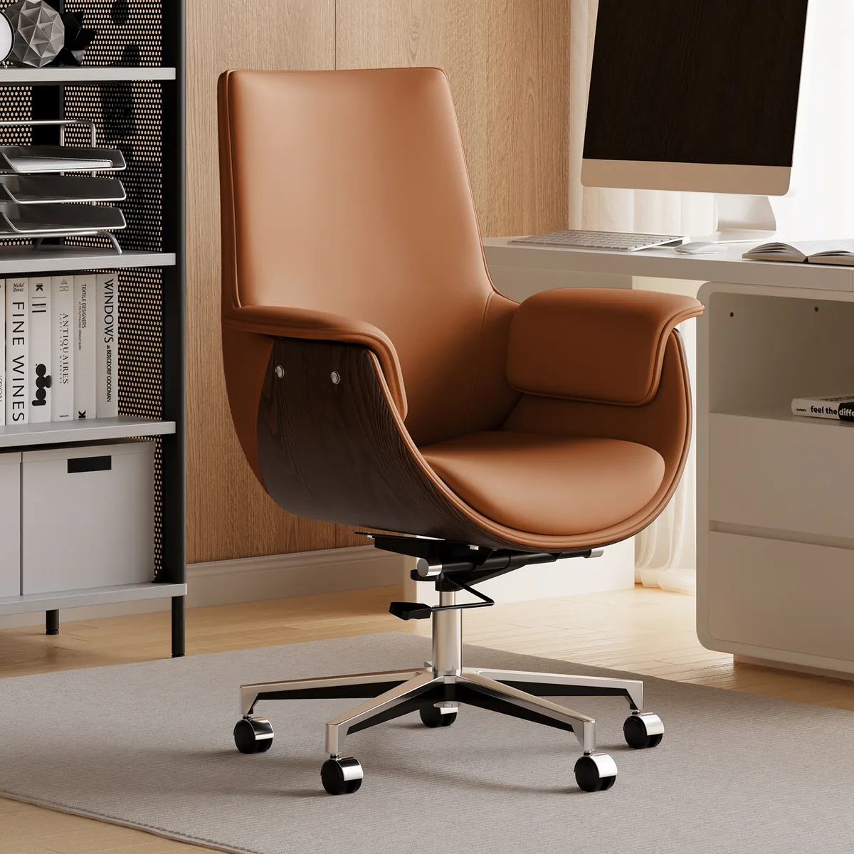 Black Leather Modern Home Office Chair Upholstered High Back Desk Chair Wood Grain Frame — image 11
