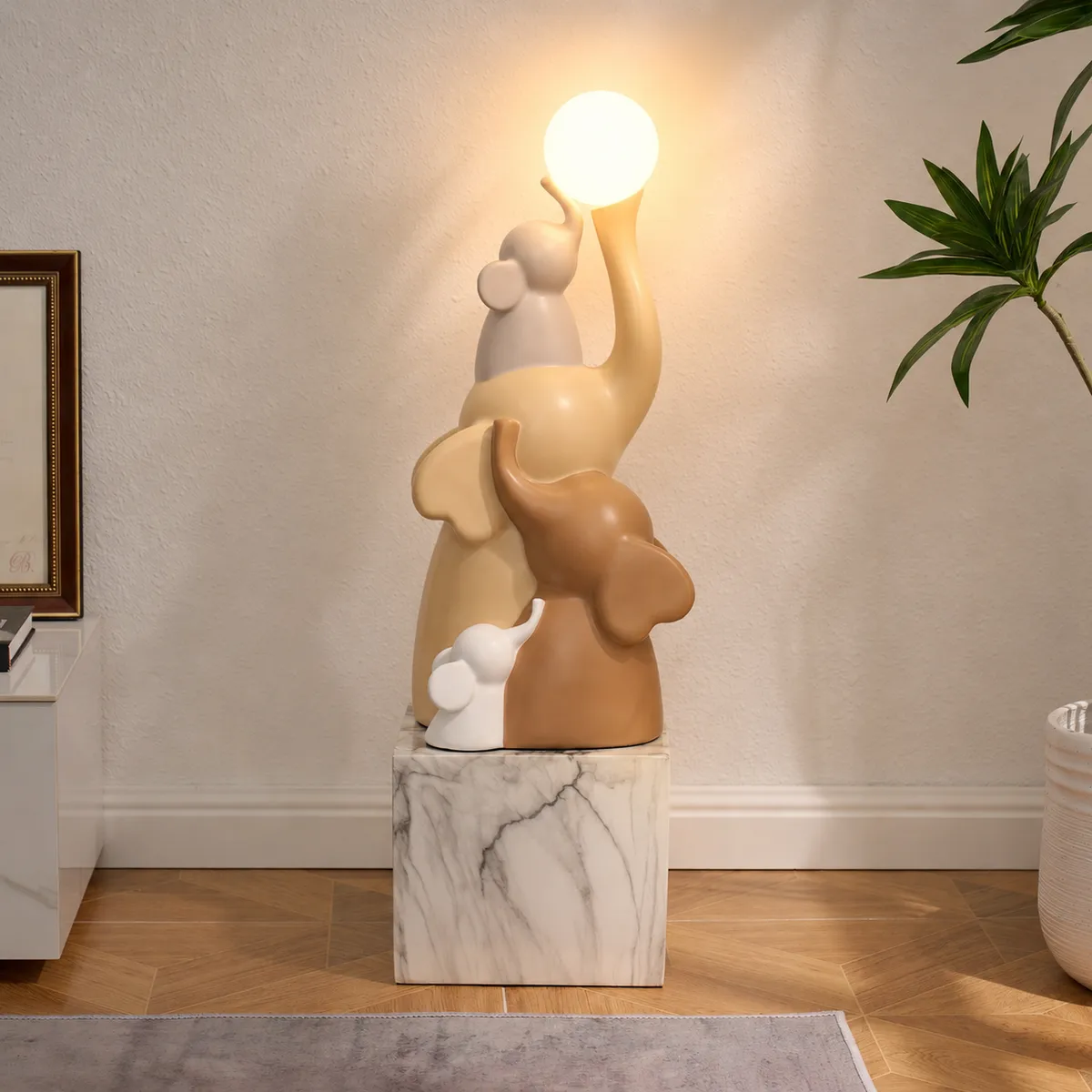 30" Elephant Sculpture with Rechargeable LED Ball – Resin Elephant Decor with Remote
