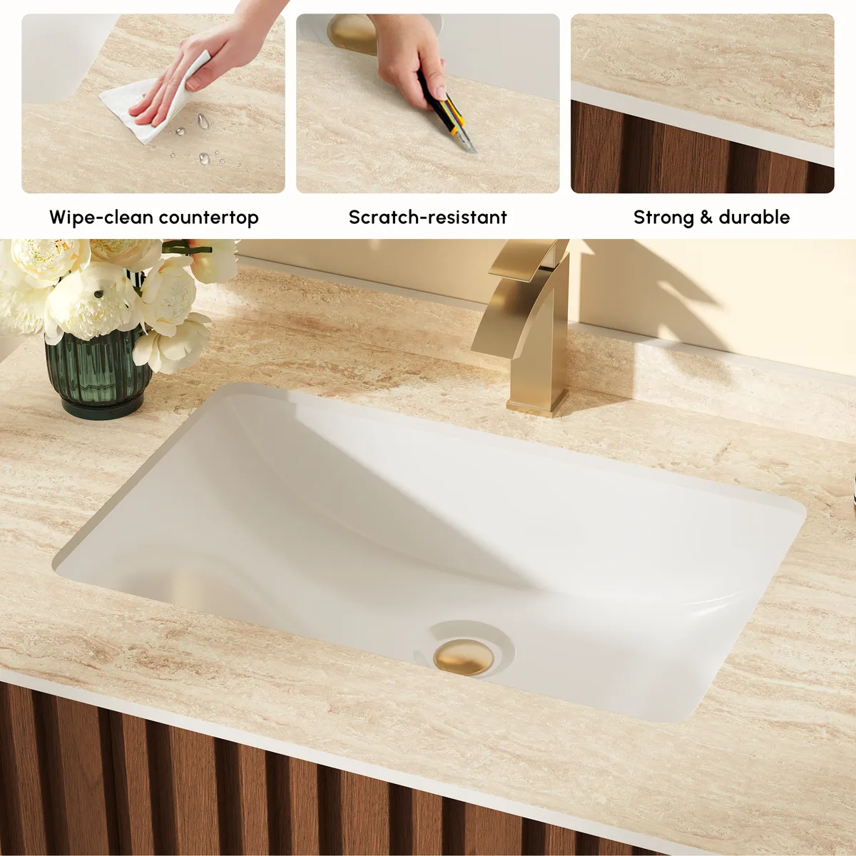 Aura 36" Bathroom Vanity with Light Ash Wood Slatted Panels Faux Travertine Top — image 6