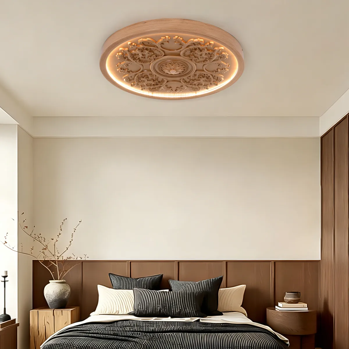 French Elegant White Resin 3D Carved LED Dimmable Flush Mount Ceiling Light — image 13