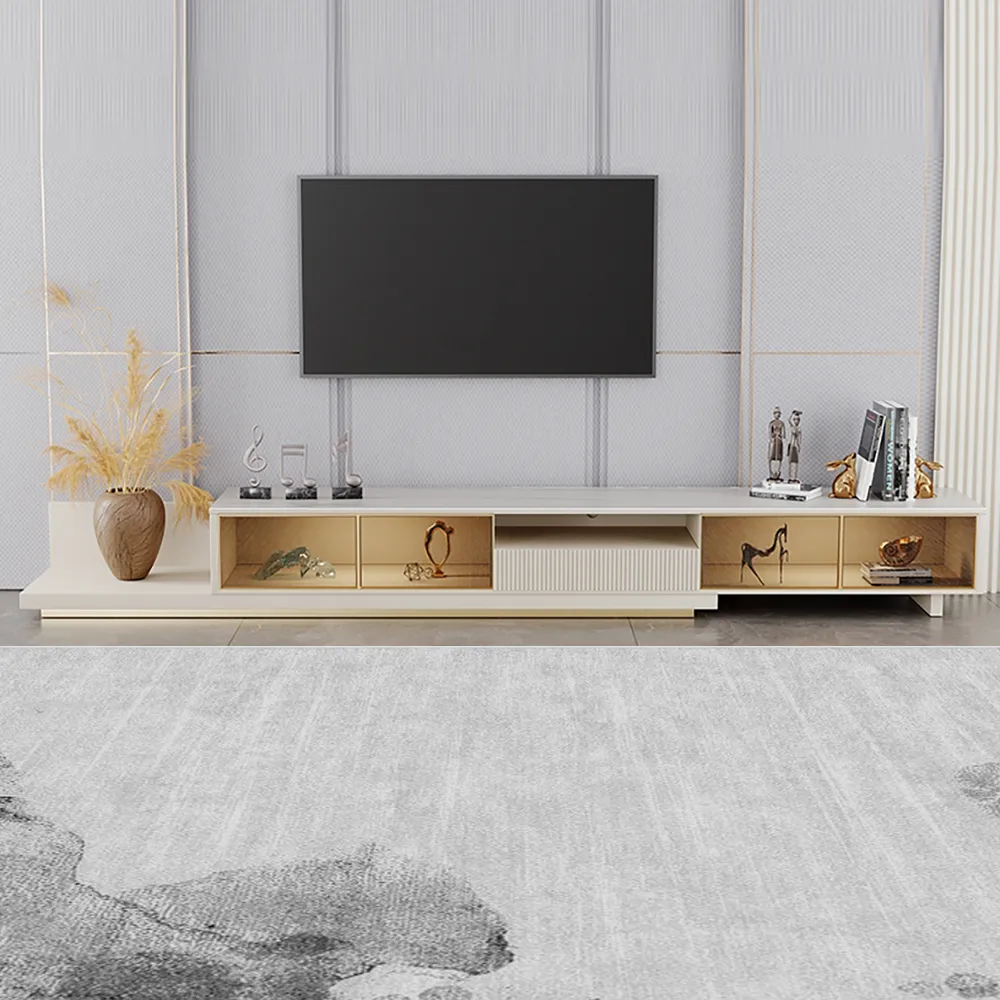 LED Light Extendable TV Stand Light Khaki Floor Media Console with Glass Door & Drawers — image 12