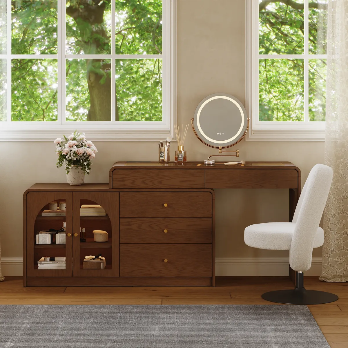 Mid Century Modern Extendable L-Shaped Makeup Vanity Dresser with LED Mirror(49"–91") — image 3