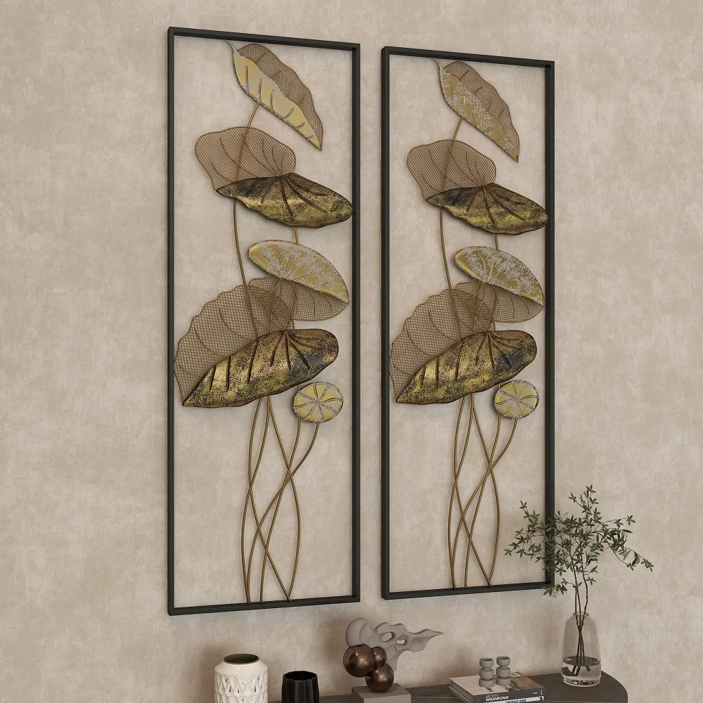 35.8" 2 Pieces Metal Lotus Leaves Wall Decor Set for Living Room with Black Frame — image 5