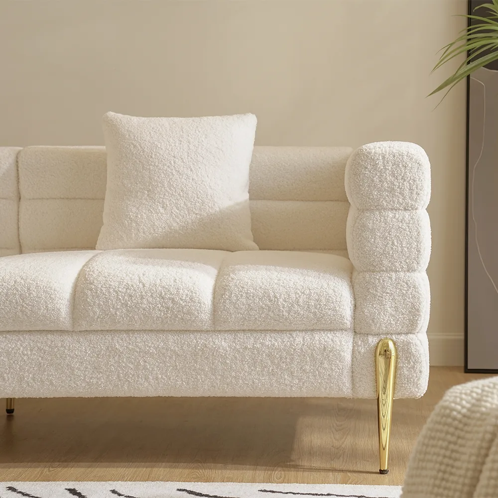 Round 2-Piece Nesting Set Sintered Stone Top Beige Coffee Table with Drawer 78.7" Modern White Boucle Upholstered Fluted 3-Seater Sofa — image 9