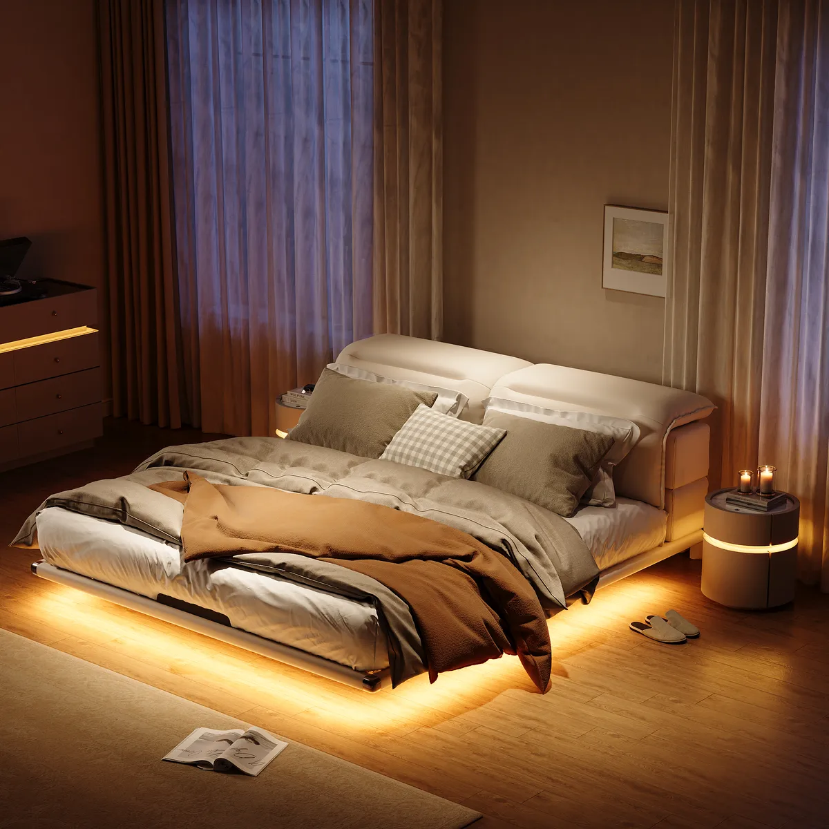 Modern King Size Floating Bed Frame with Light & Adjustable Headboard
