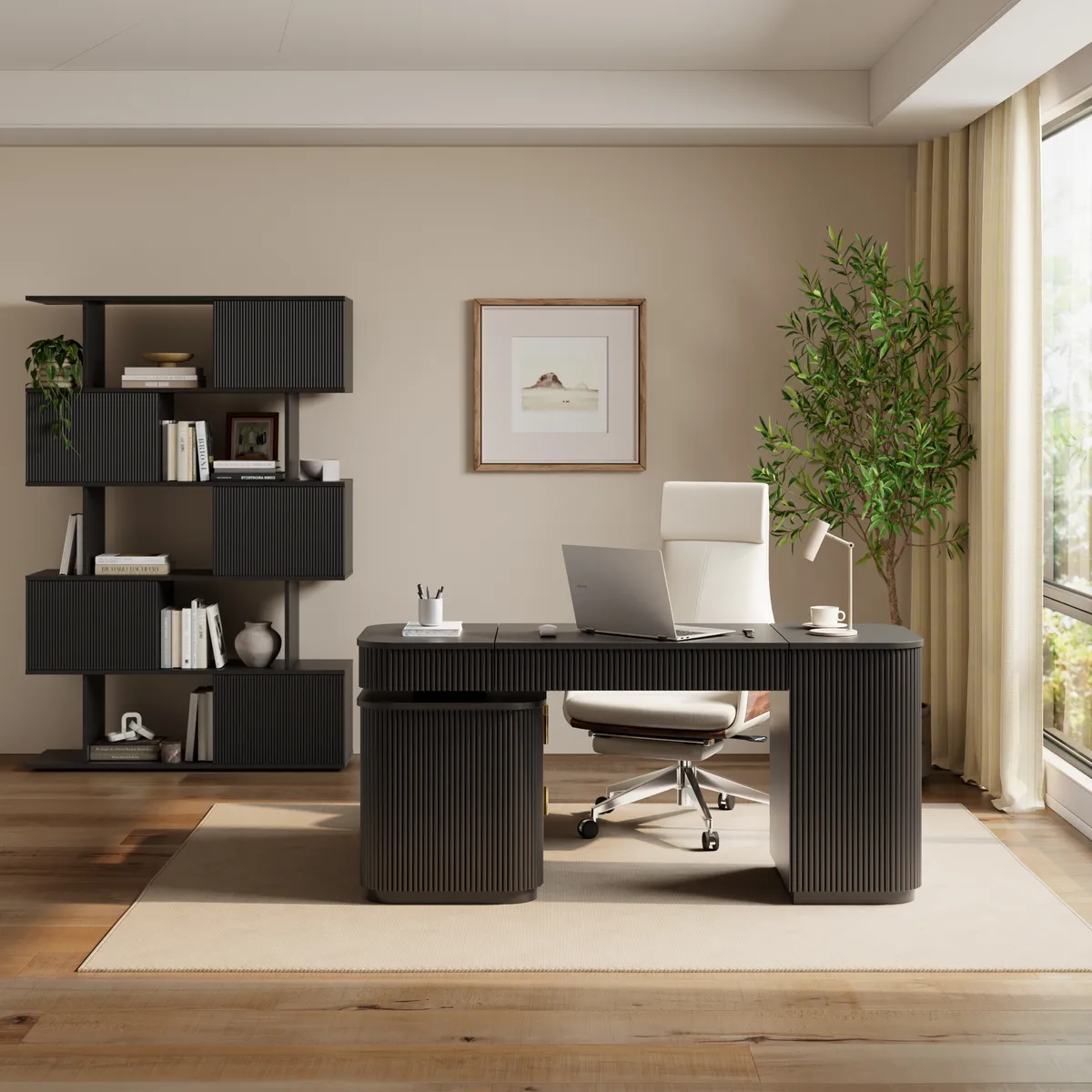 Modern 65" L-Shape Natural Executive Desk with Right-Side Cabinet — image 9