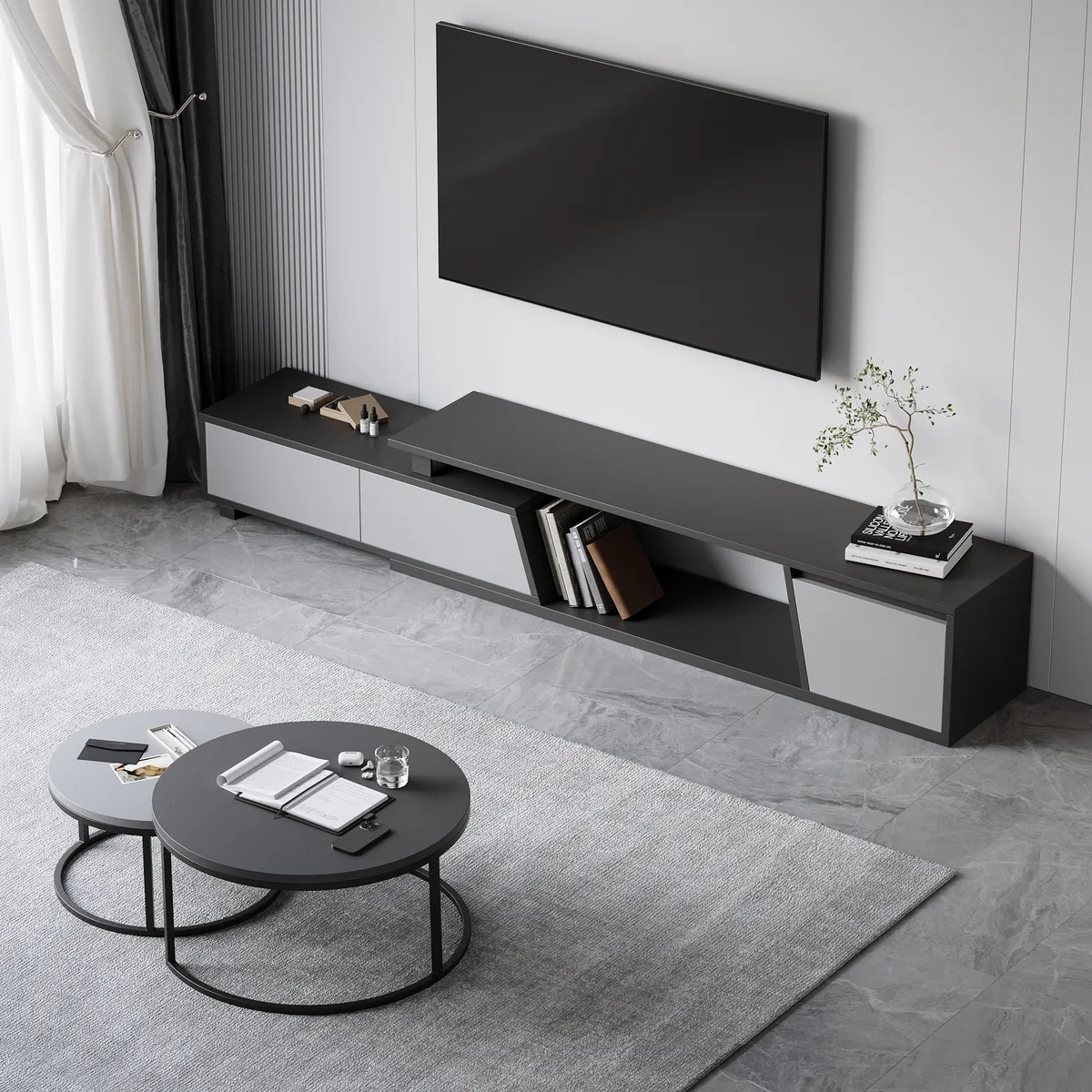 Living Room Cabinet Set Rectangle Gray Extendable TV Stand & Wood Round Nesting Coffee Table — image 14