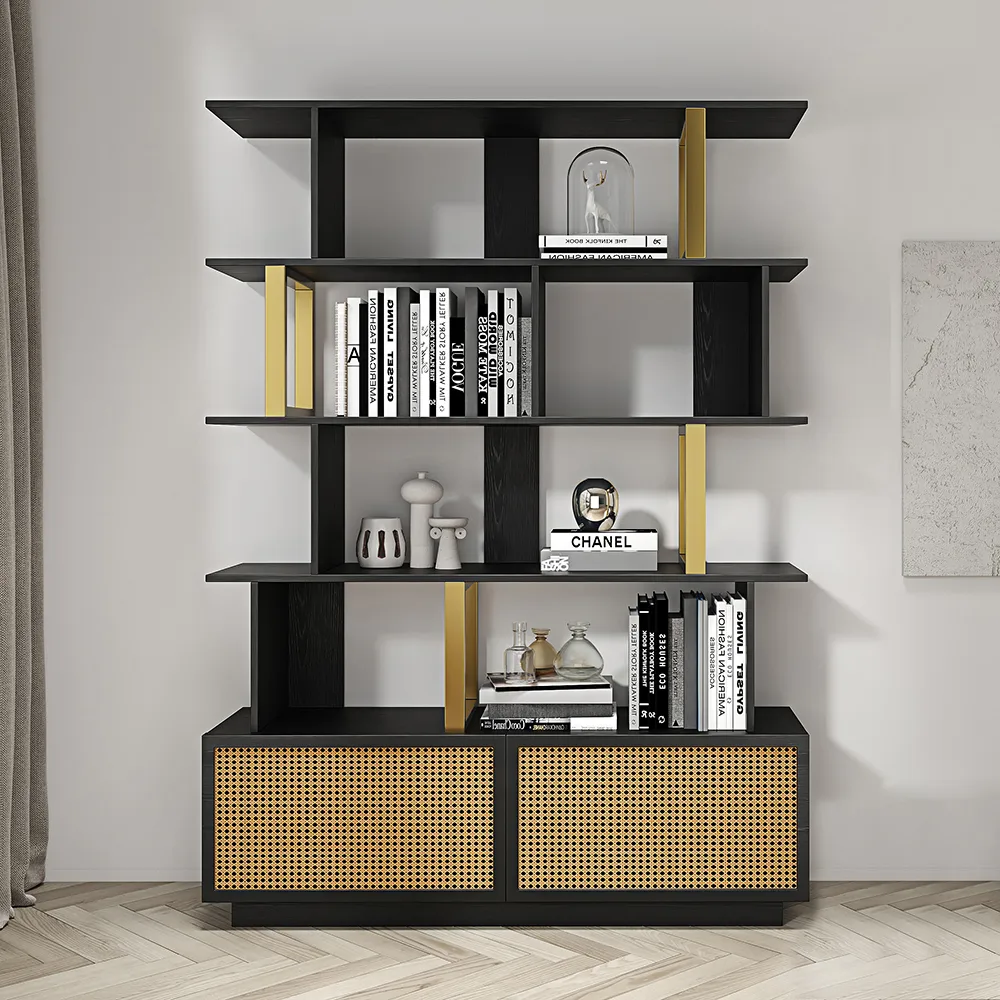 5-Tier Black Wood Bookshelf with 2 Doors Modern Bookcase in Gold Finish — image 3
