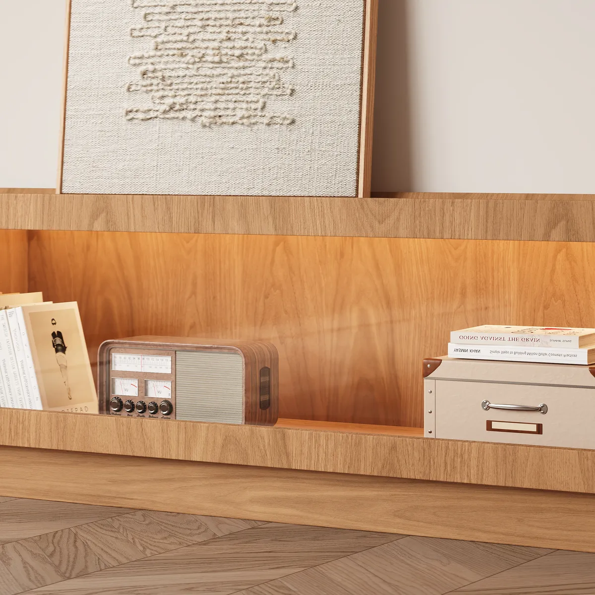 79'' Glass Door TV Stand Mid Century Modern Wood Media Console with Storage & LED — image 17