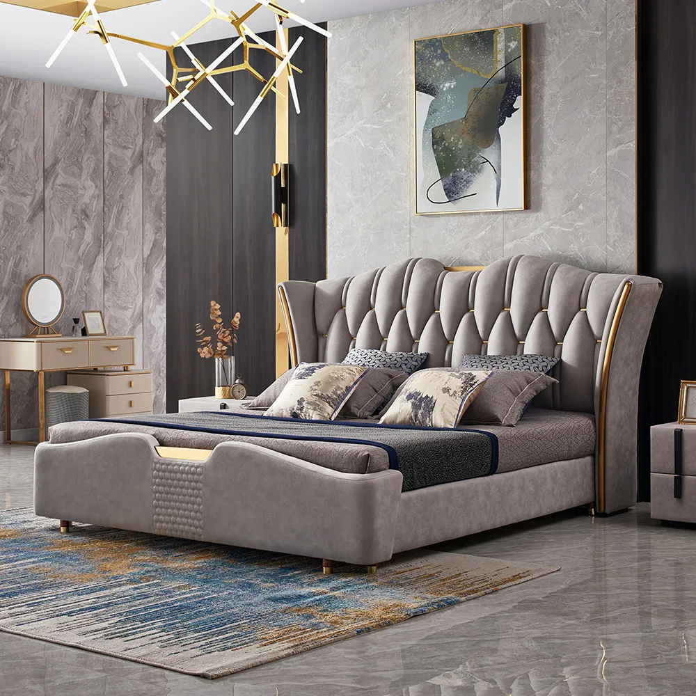 King Size Upholstered Leather Bed Frame with Tufted Wingback Headboard — image 10