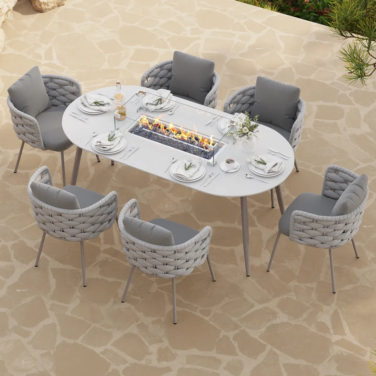 7 PCS Outdoor Propane Fire Pit Table & Rope Woven Armchair Oval Outdoor Dining Set Modern Yard & Ptio Furniture for 6 Person