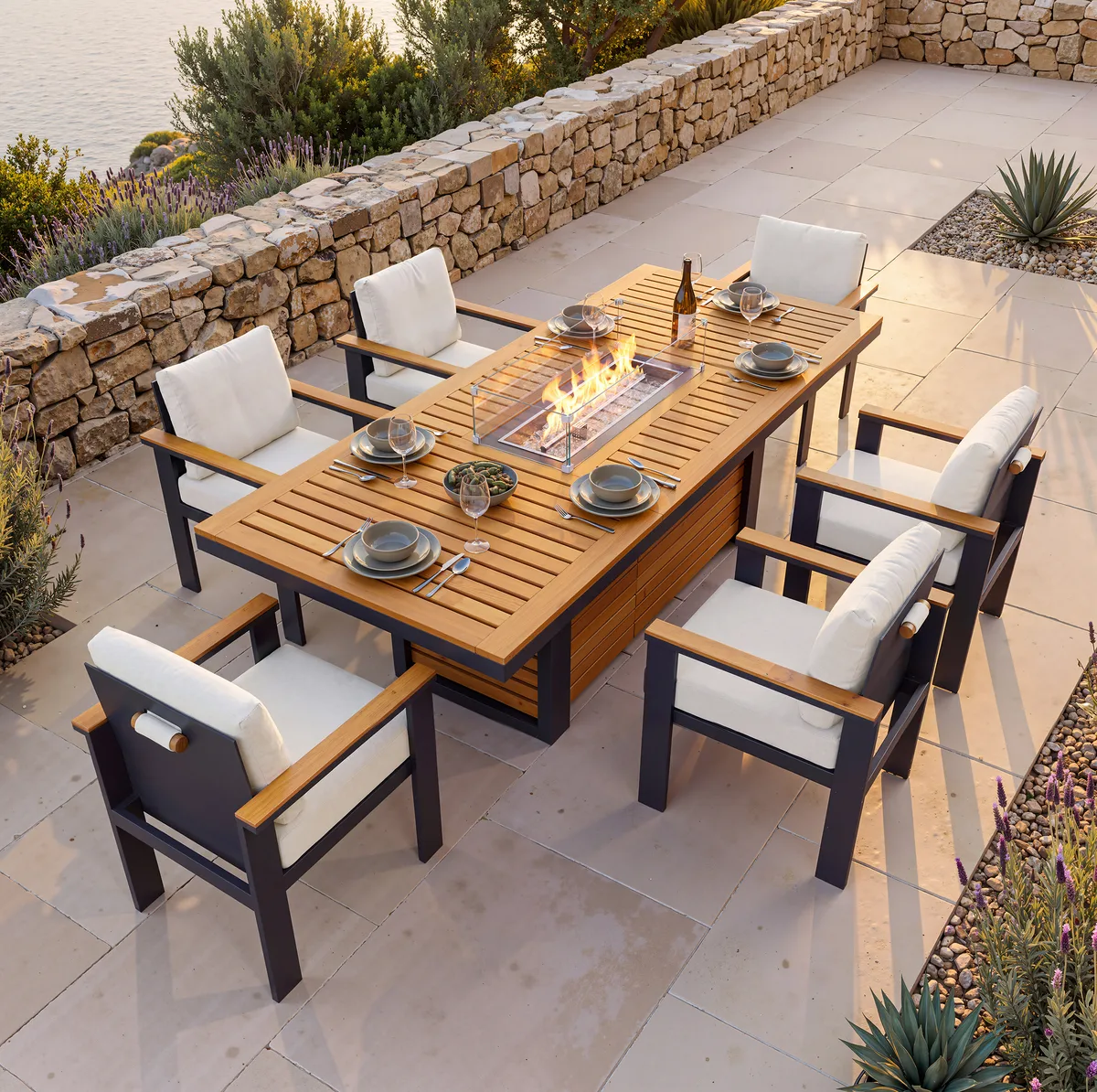 Tevara 7 Pieces Outdoor Dining Set with Propane Fire Pit Table & Aluminum Armchair