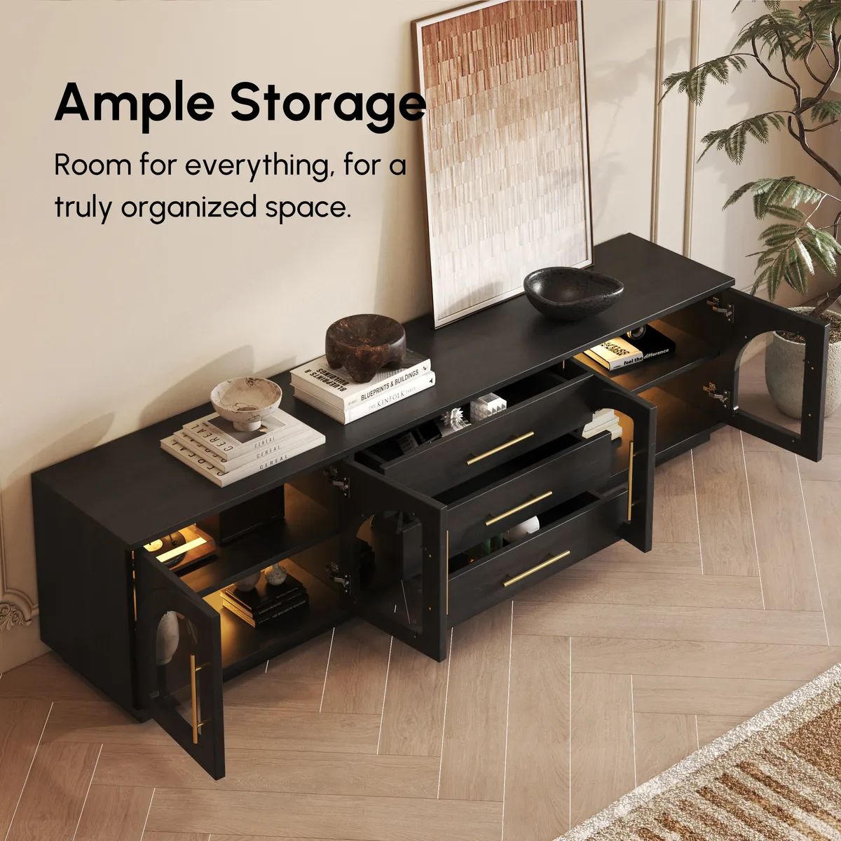 Arune 72" Arched Glass Doors Smoked Brown TV Stand with Storage and LED — image 27