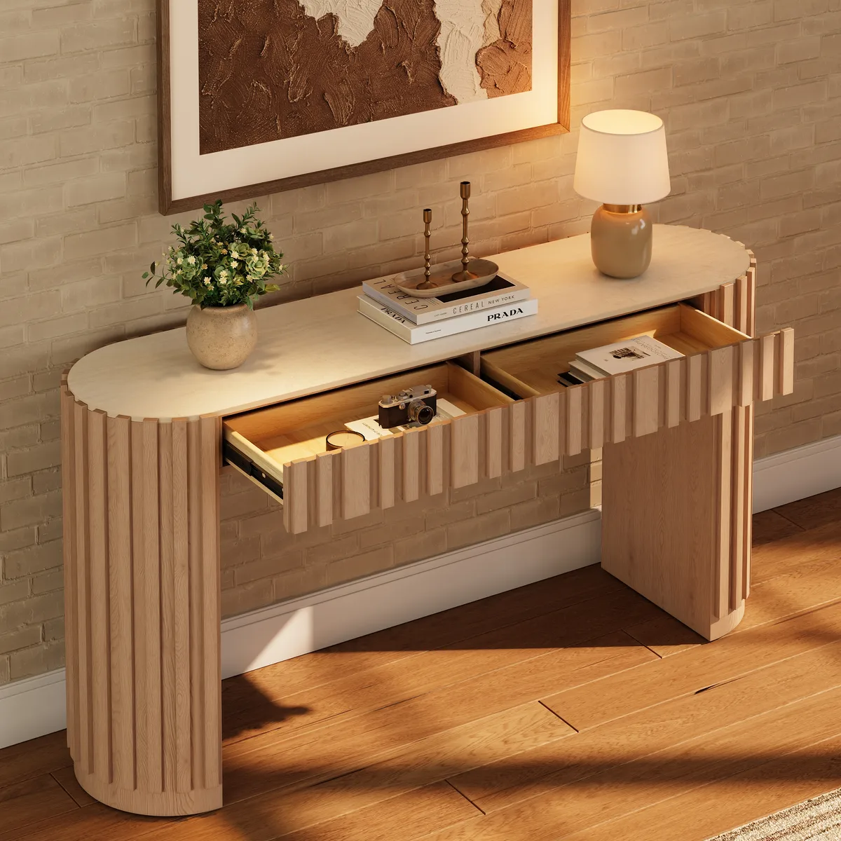 Aura 60" Ash Wood Fluted Black Console Table With Sintered Stone Top — image 14