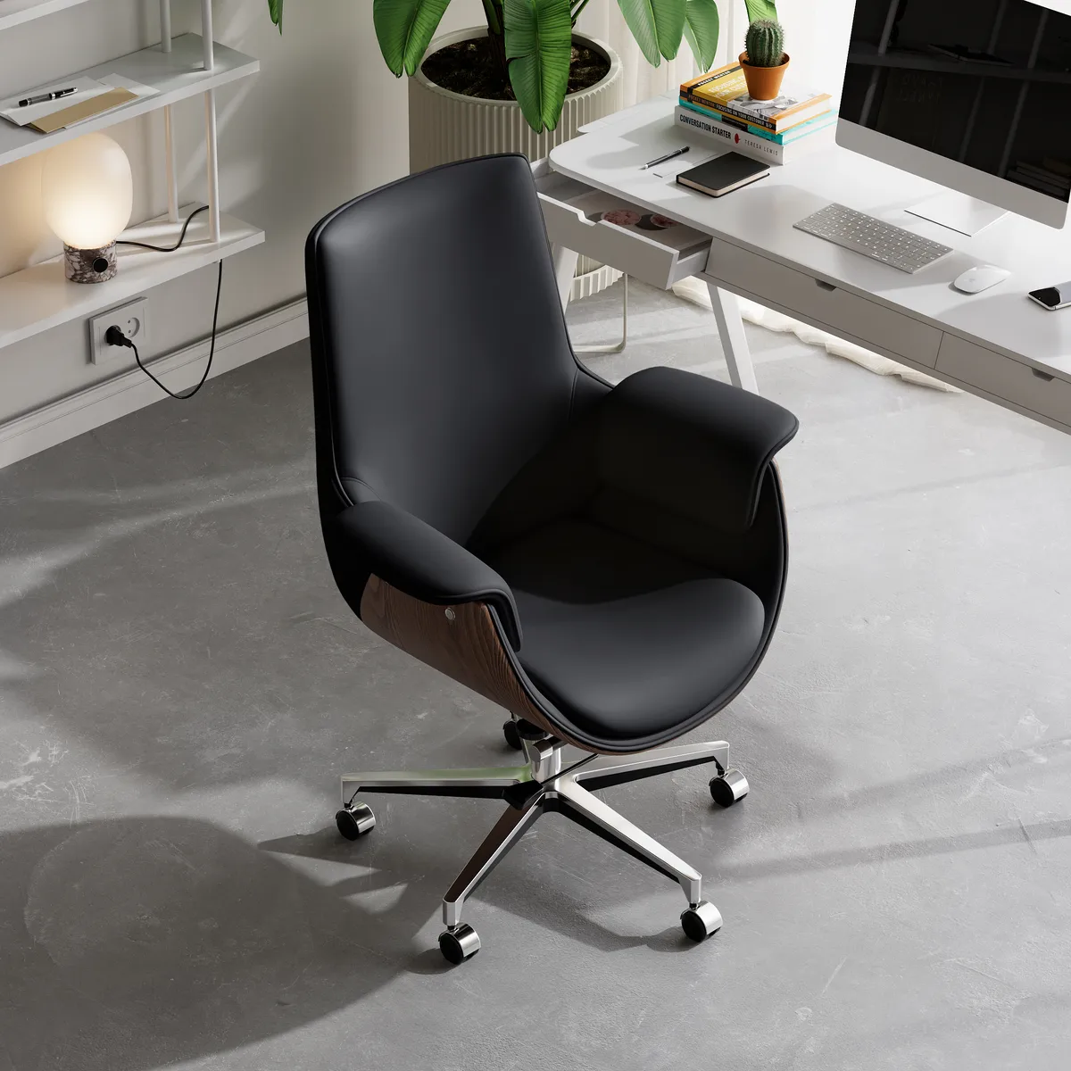 Black Leather Modern Home Office Chair Upholstered High Back Desk Chair Wood Grain Frame — image 8