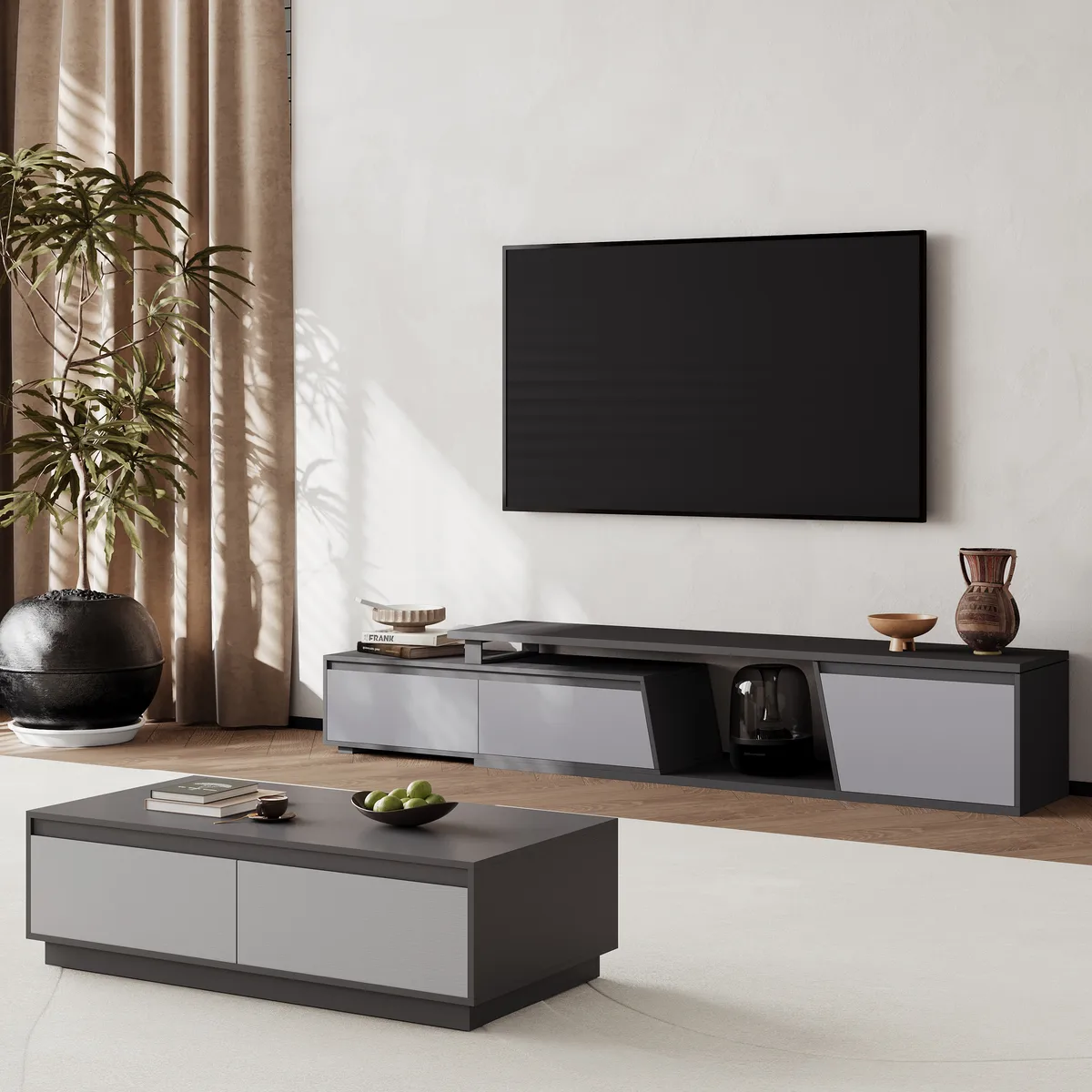 Fero Minimalist Rectangle Gray Extendable TV Stand with 3 Drawers Up — image 16