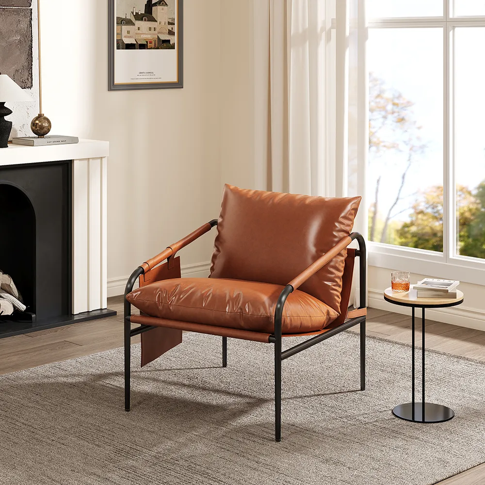 Mid-Century PU Leather Accent Chair Armchair with Metal Leg in Black & — image 4