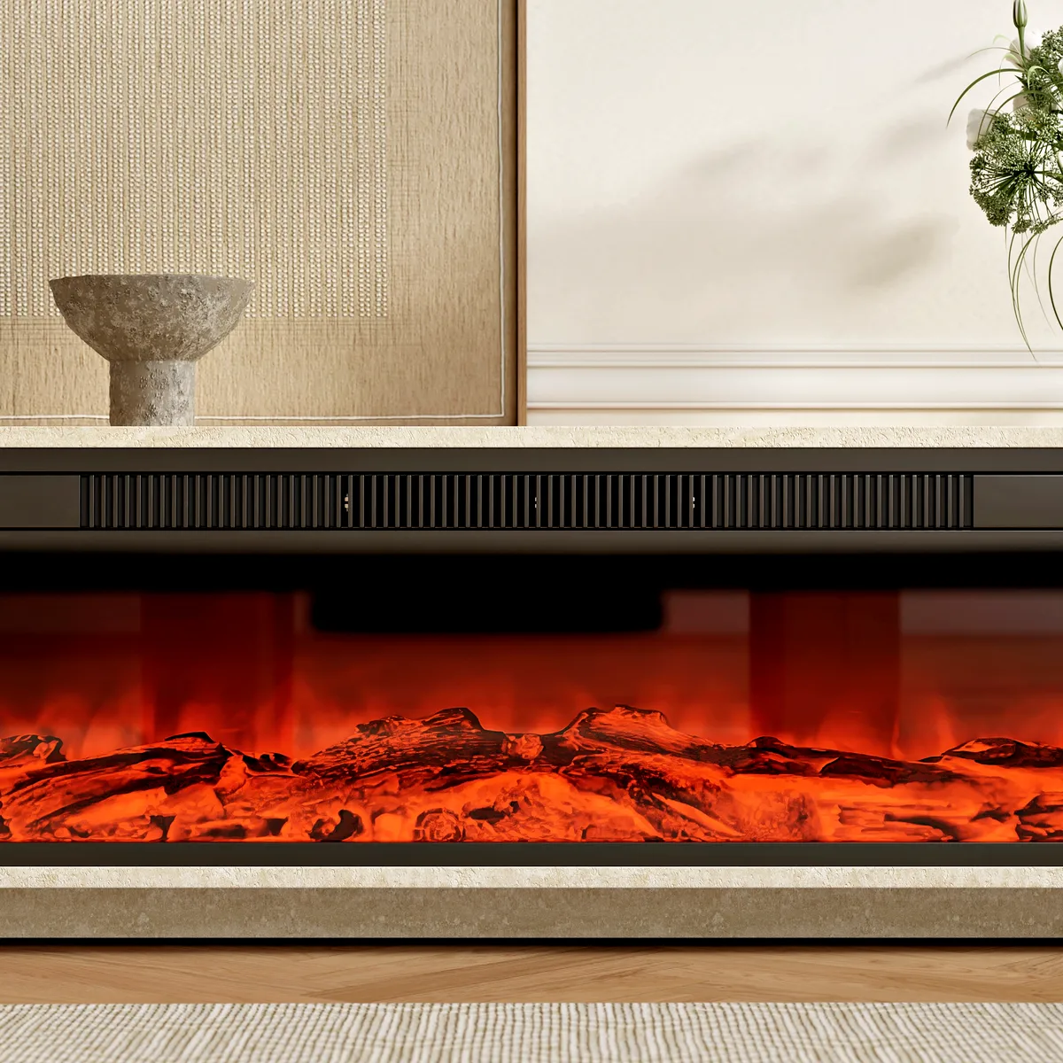 79" Travertine Veneer Electric Fireplace TV Stand with Storage in Oatmeal For living Room — image 9