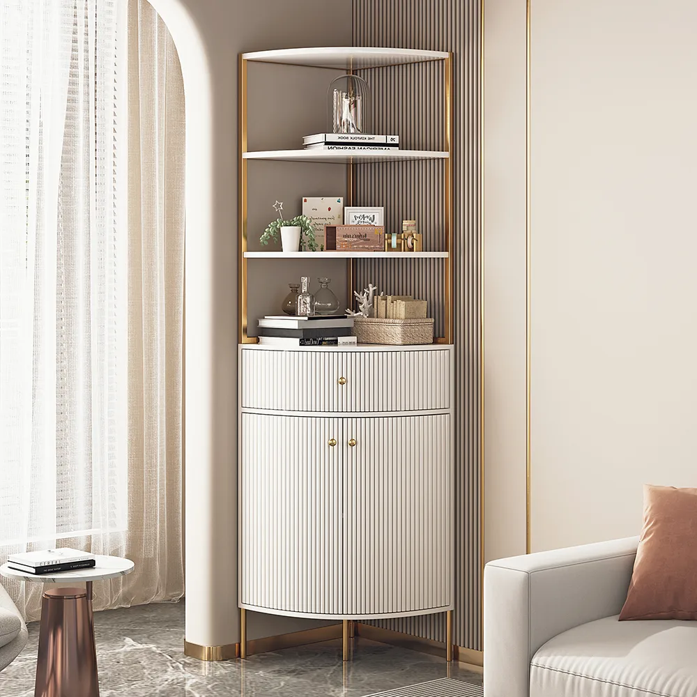 Modern 75" Black Corner Etagere Bookshelf with Drawer and 2-Door Cabinet