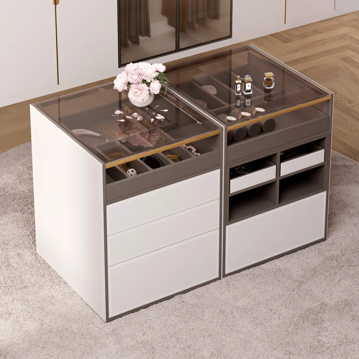Saddle Leather 7-Dresser Walk-In Closet Island with Light & Jewelry Display — image 5