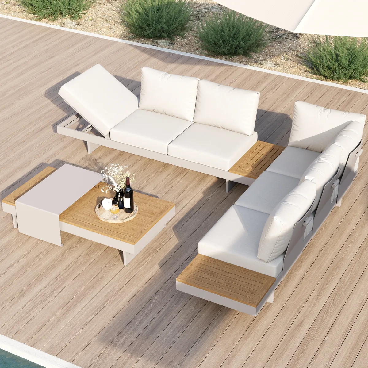Tevara 7-Piece Outdoor Teak & Aluminum Modular Sofa Set for 6 with Ivory Cover — image 23