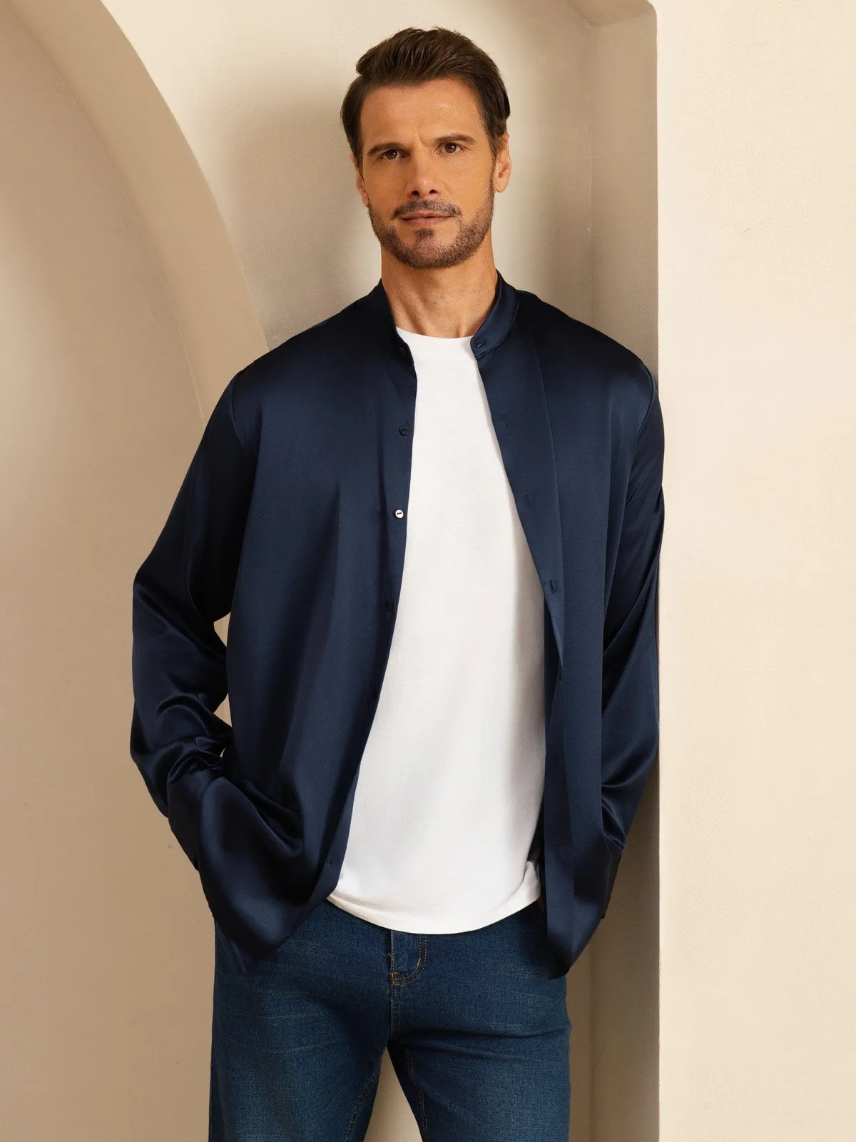 19Momme Silk Men''s Long Sleeve Stand Collar Classic Business Shirt — image 3
