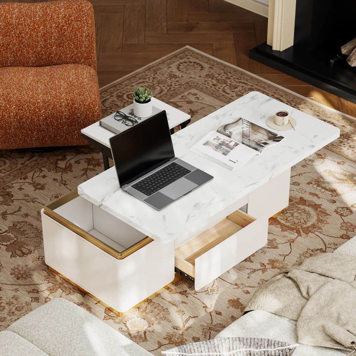 48" Ivory Saddle Leather Lift-Top Coffee Table with 2 Drawers — image 3